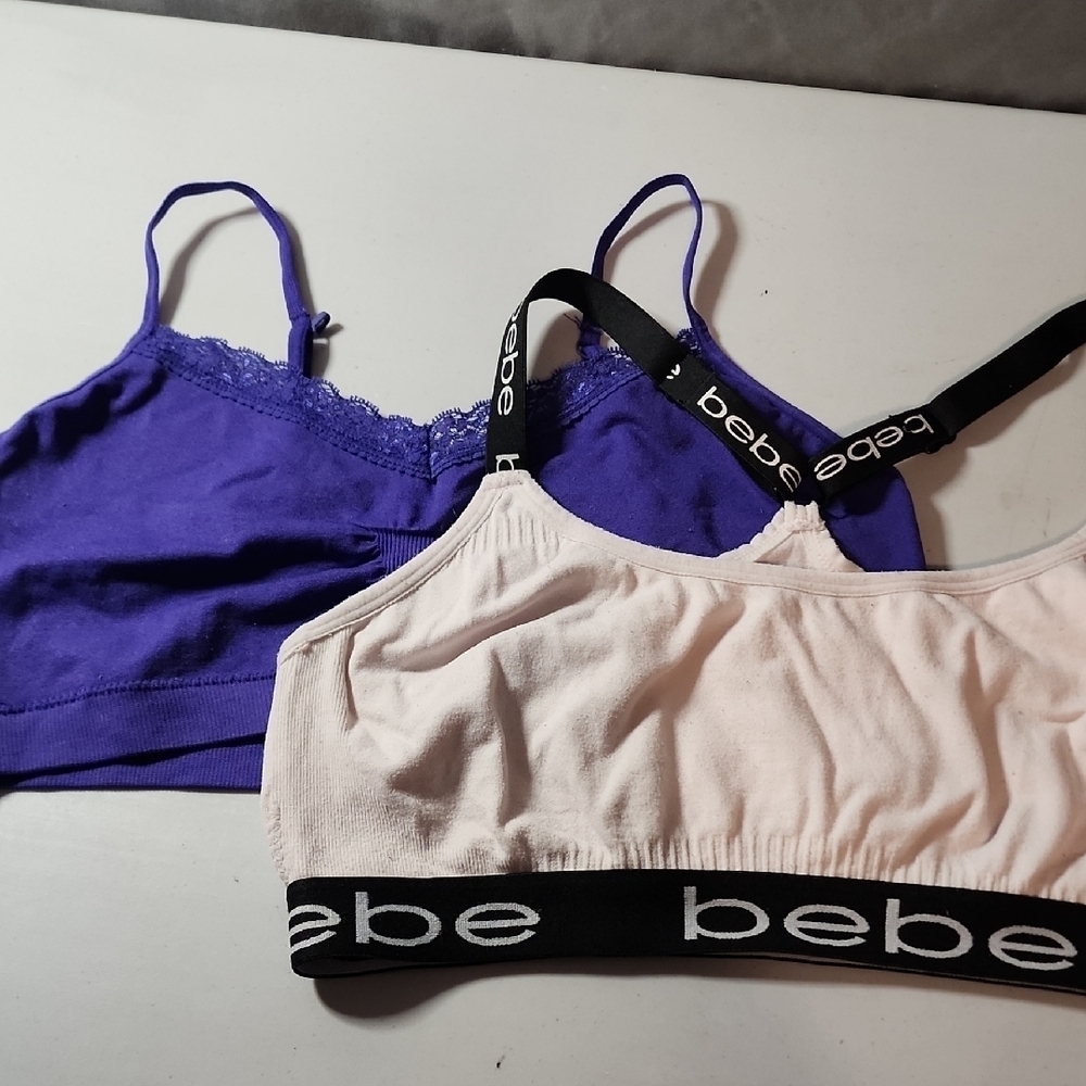 Bebe Cream Sports Bra And Purple Bandeau With Lace Set In XL